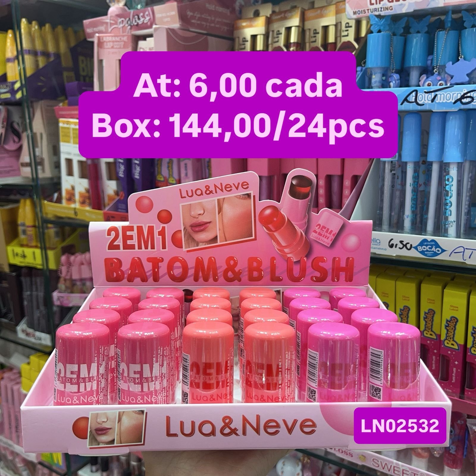 LN02532 batom e blush 2 em 1 lua e neve box/24pcs