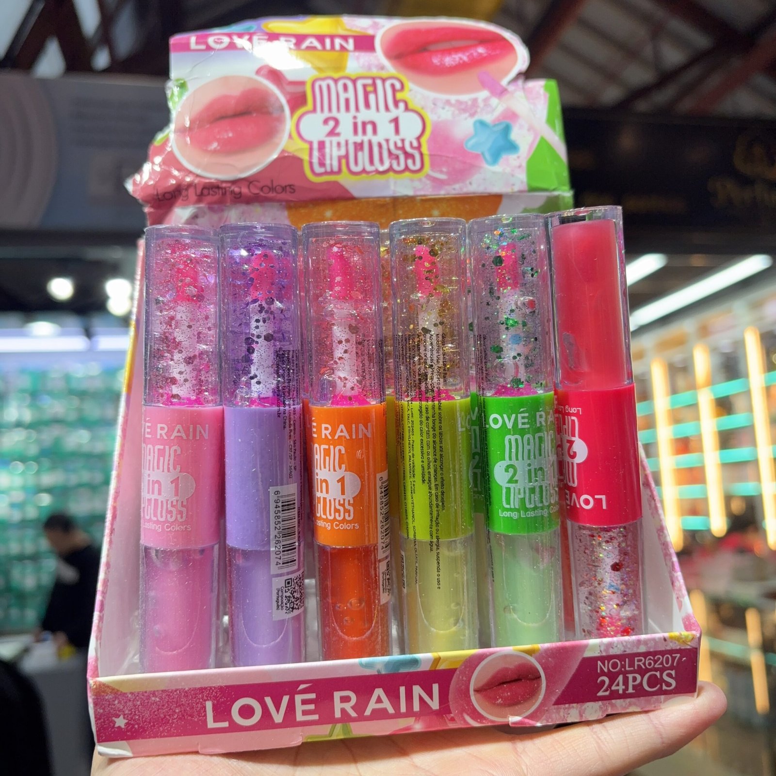 LR6207 lip gloss 2 in 1 love rain box:24pcs
